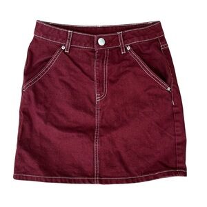 H&M Divided Size 0 Maroon Red White Stitching Cotton Skirt Zipper Button Pockets